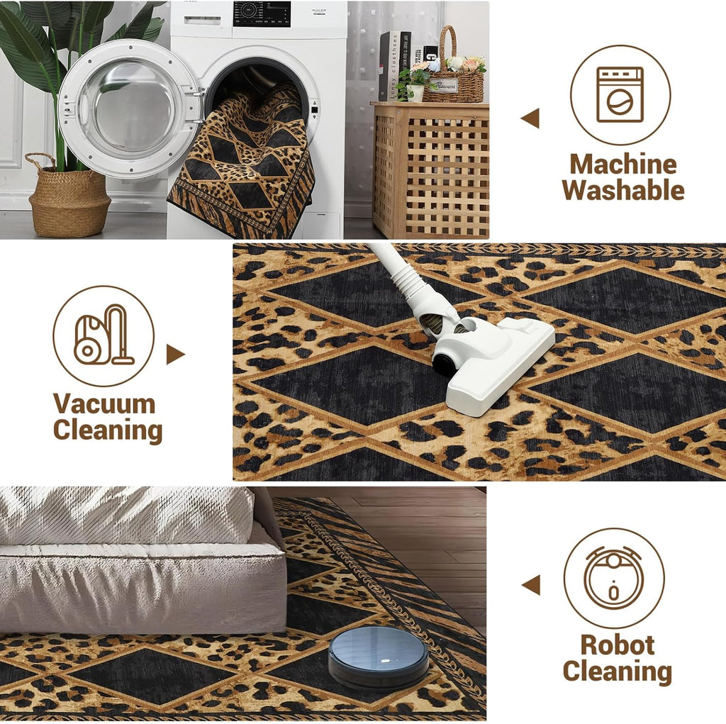 Leopard Rugs, Washable Animal Print Large Area Rugs Non Slip, Soft Low Pile Checkered Indoor Carpet, Brown/Black