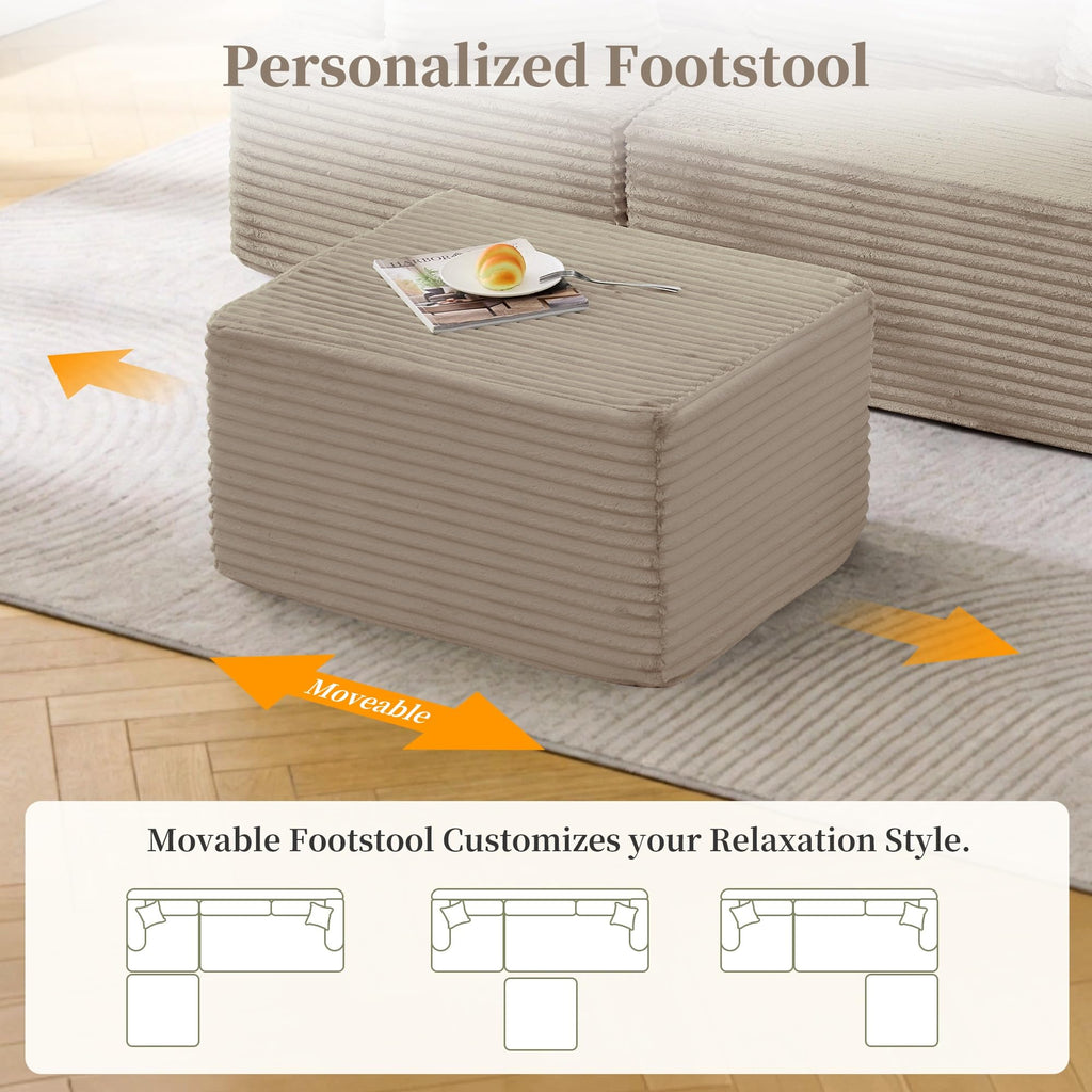 Cloud Modular Sectional Sofa with L-Shaped, Boneless Couches, Fluffy Comfy Corduroy Deep Seat with Ottoman, Bedroom