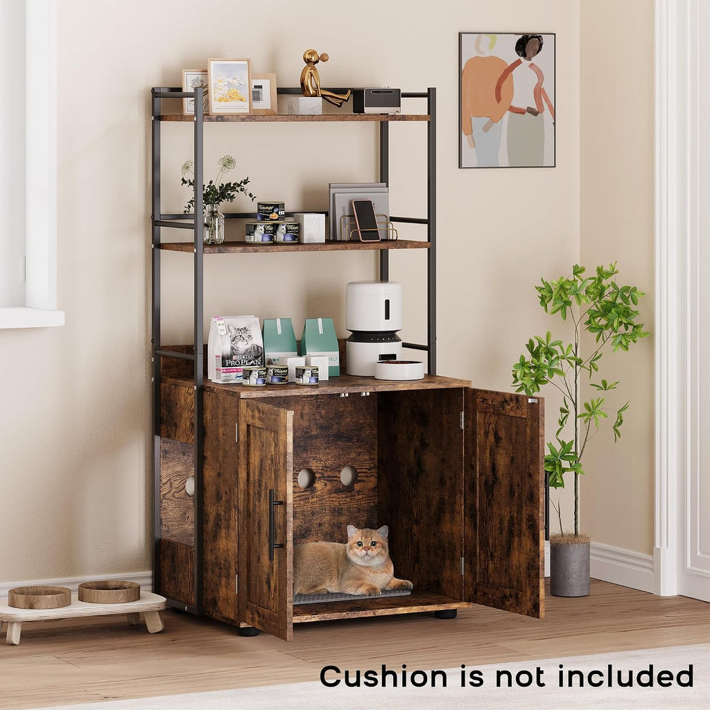 Cat Litter Box Enclosure with 2-Tier Storage Shelves and Doors - Hidden Cat Washroom Cabinet - Odor Control, Enhanced