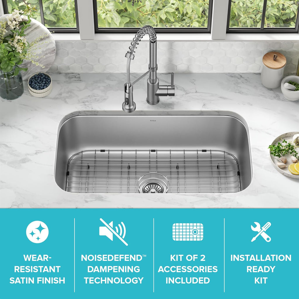 Stainless Steel 32 in 18 Gauge Undermount Kitchen Sink KBU44 | 18-gauge T304 stainless steel, rear-set drain, rounded