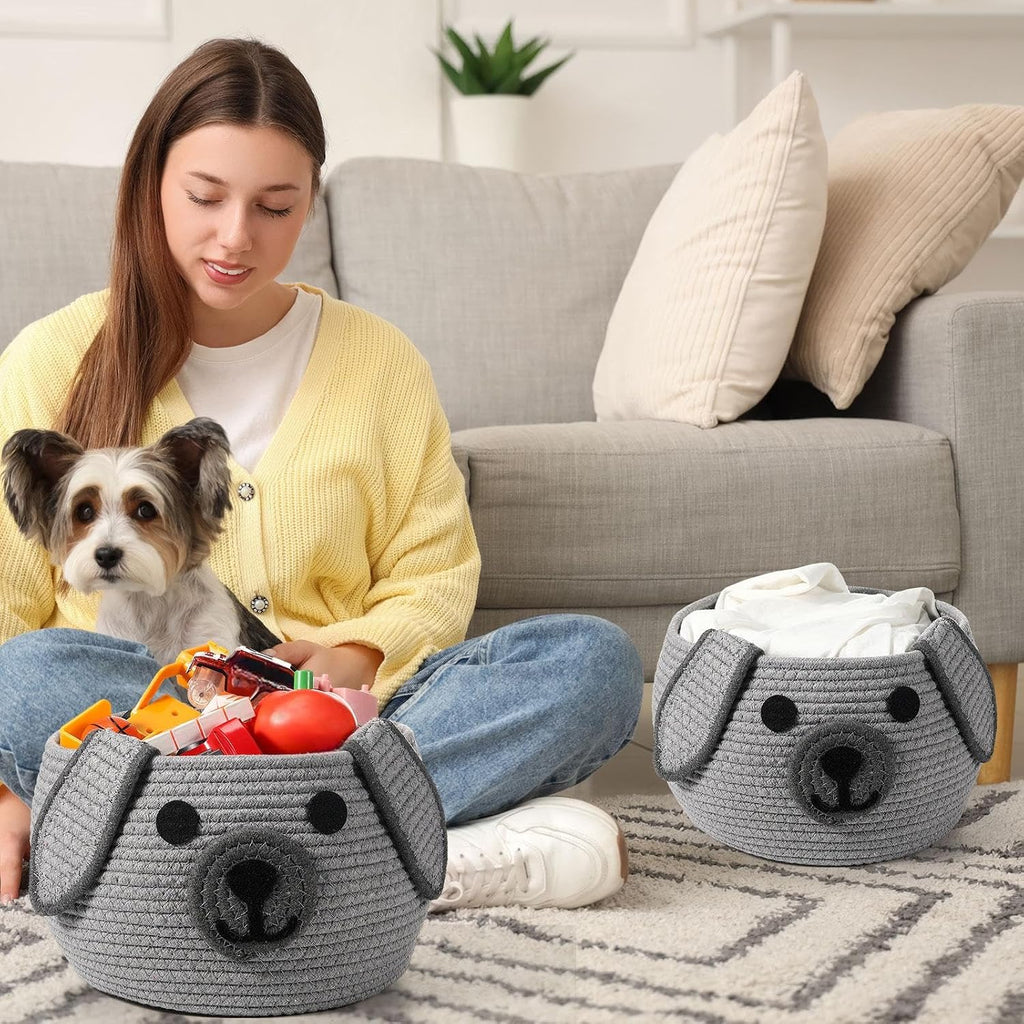 Woven Dog Basket with Handle Toy Storage, Gray, 13 x 8 Inch