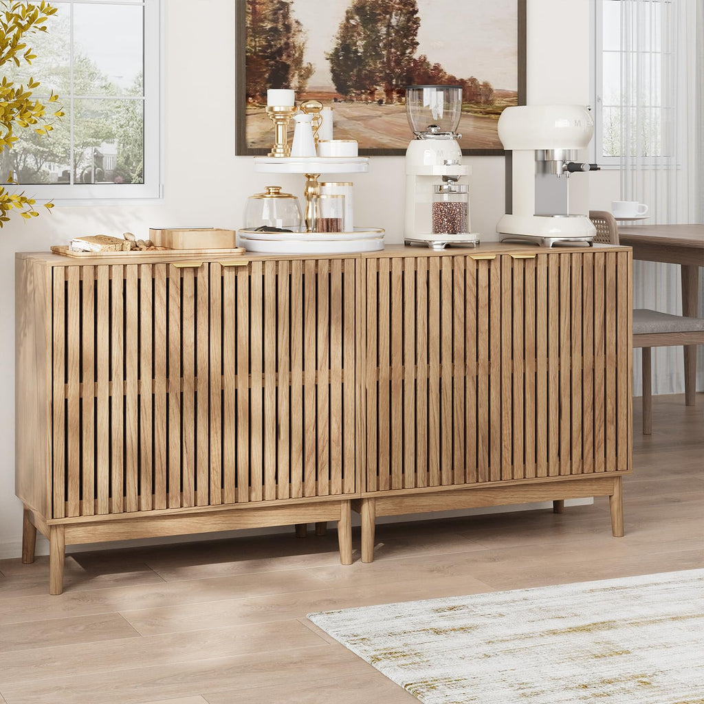 Wooden Sideboard Buffet Cabinet with Slatted Ventilation Doors & Adjustable Shelf, Sideboard Cabinet Storage Cabinet
