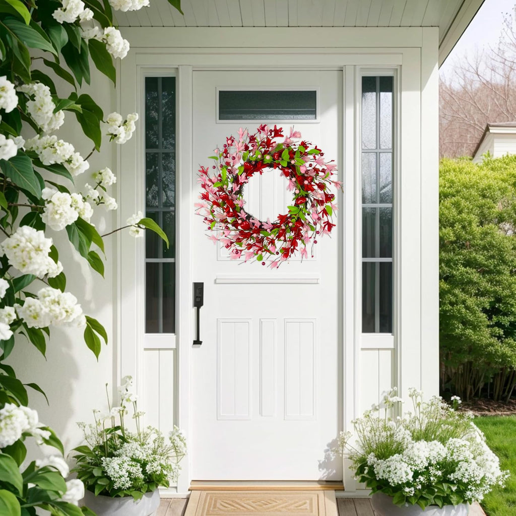 20 Inch Valentine's Day Wreath, Valentines Day Wreaths for Front Door with Pink Forsythia Flowers, Heart Shaped