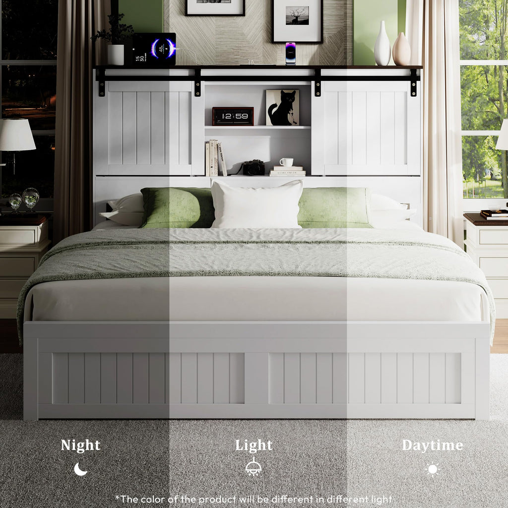 Farmhouse Bed Frame Wood with Headboard Storage, White