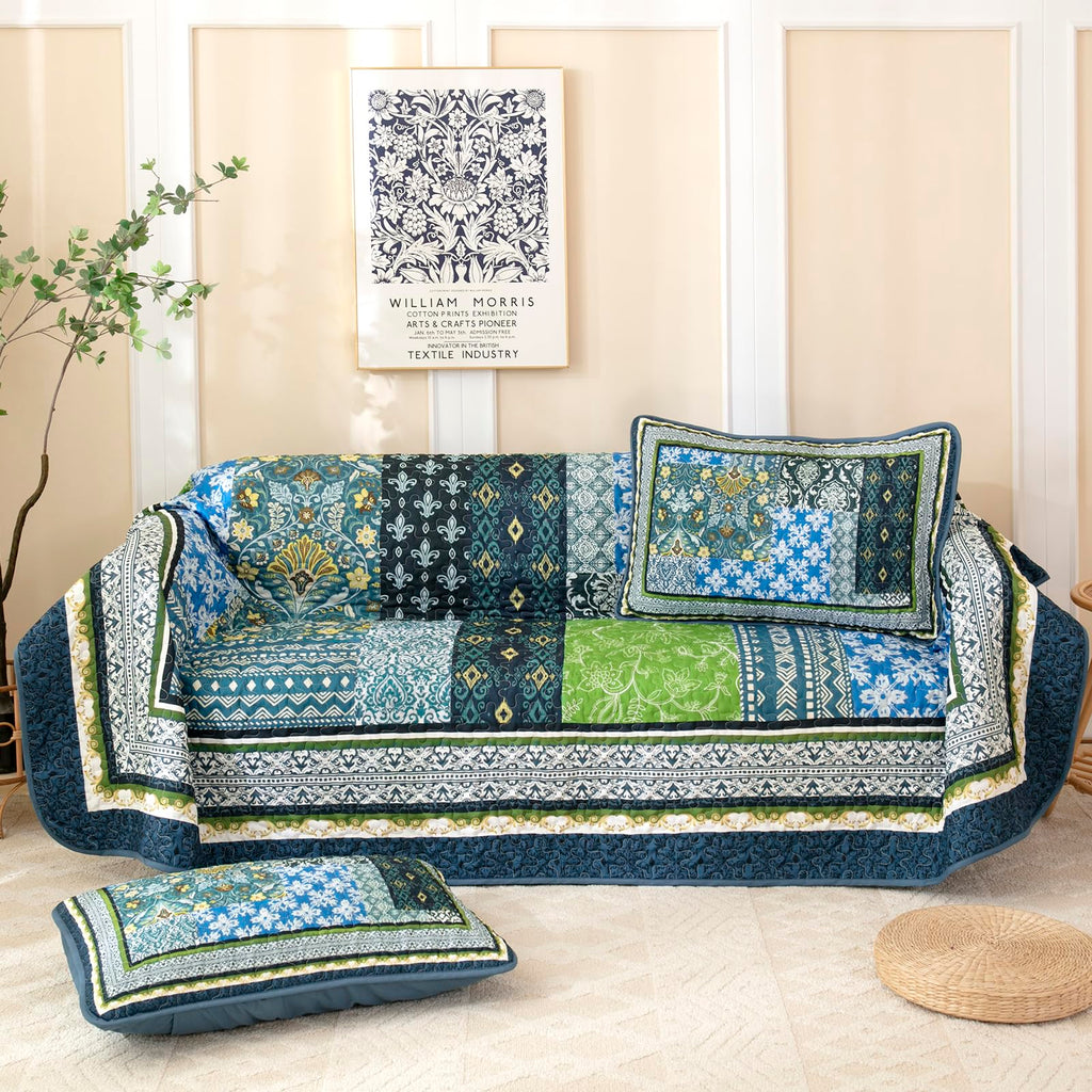 Boho Quilt, 3 Pieces Teal Patchwork Quilt Soft Coverlet Reversible Lightweight Farmhouse Quilts with 2 Pillow