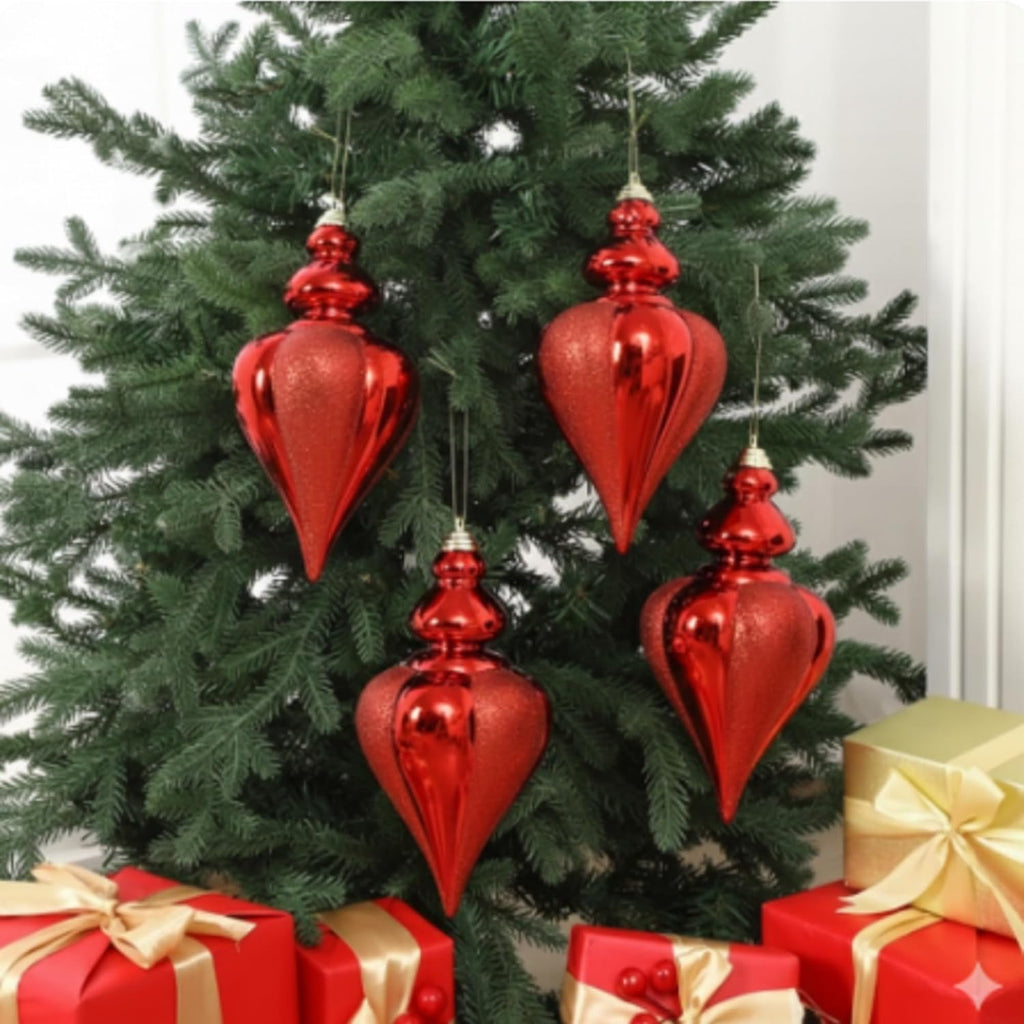 4 Pcs 9" Christmas Ball Ornament, Red Glitter Finial Drop Decor