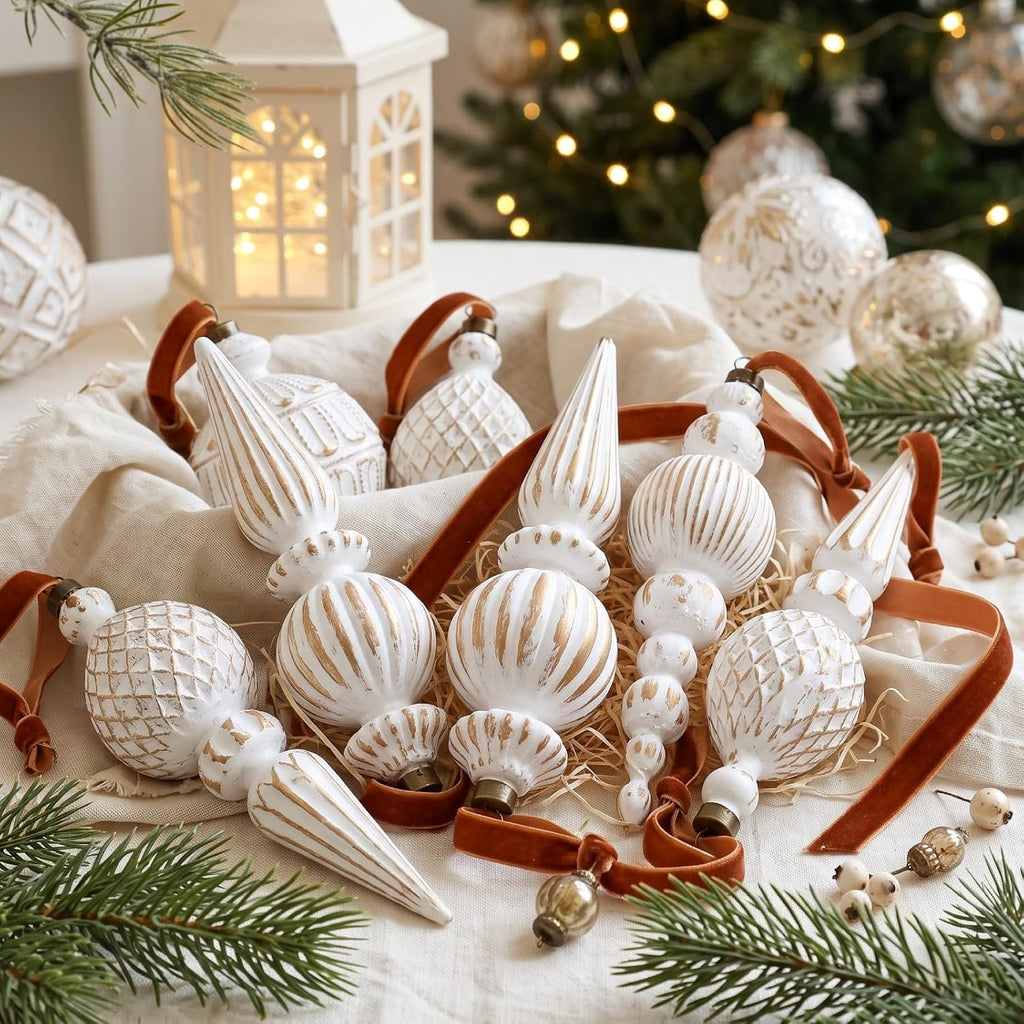 15 Pcs Neutral Christmas Tree Ornaments Rustic Drop Finial Decor