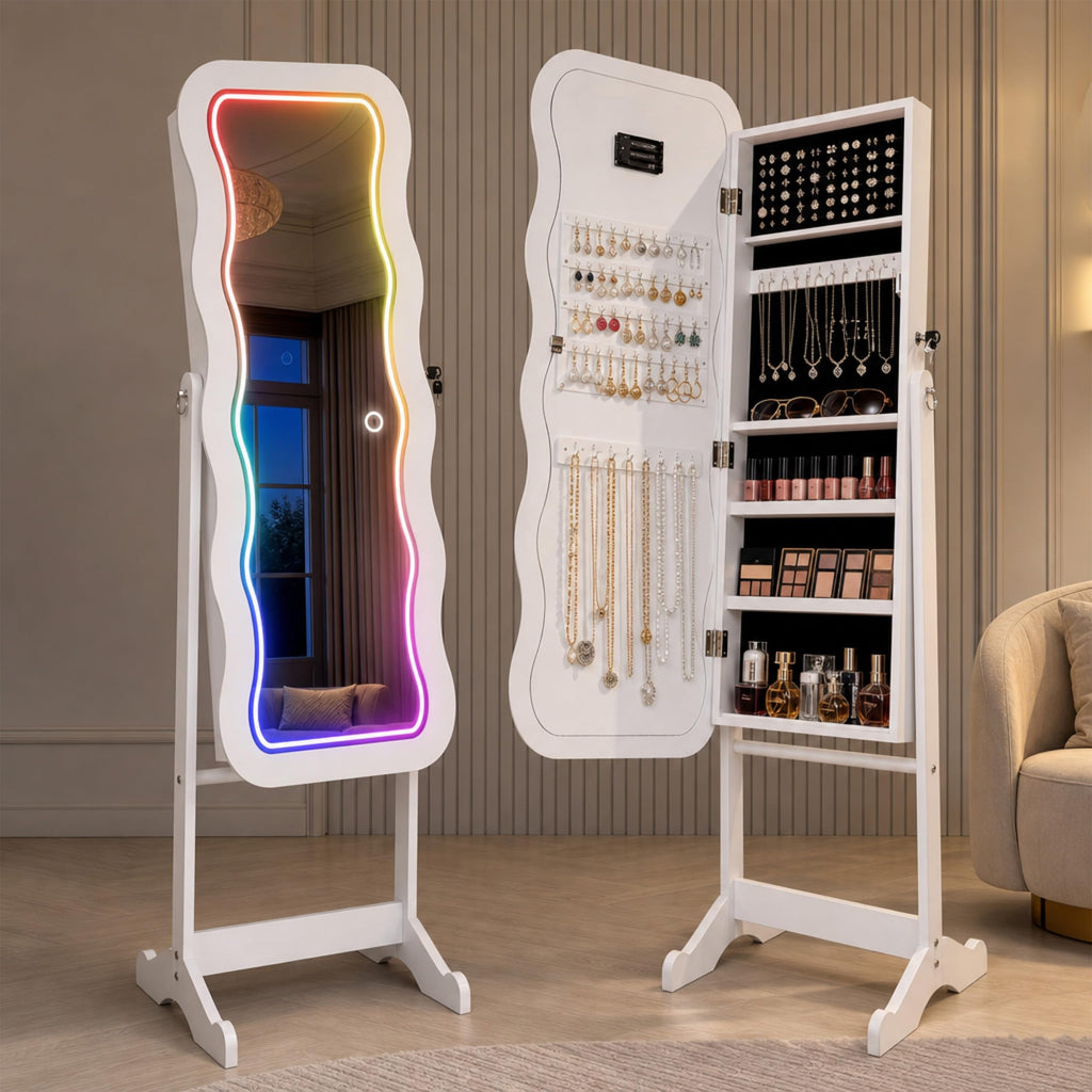RGB Mirror Jewelry Cabinet, Remote Control LED Mirror with Storage