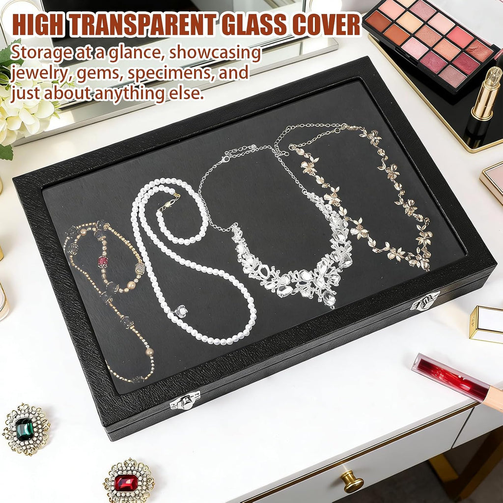 Jewelry Organizer Box, Black Velvet Blank Display Tray Case with Lid, 13.8 x 9.5 x 2 Inch Wooden Jewelry - Set of 3