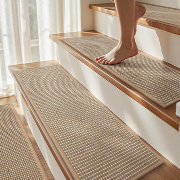 4PC Jute Stair Treads for Wooden Steps-Stairs Carpet Non Slip-Peel and Stick Stair Treads Indoor, Adhesive Staircase