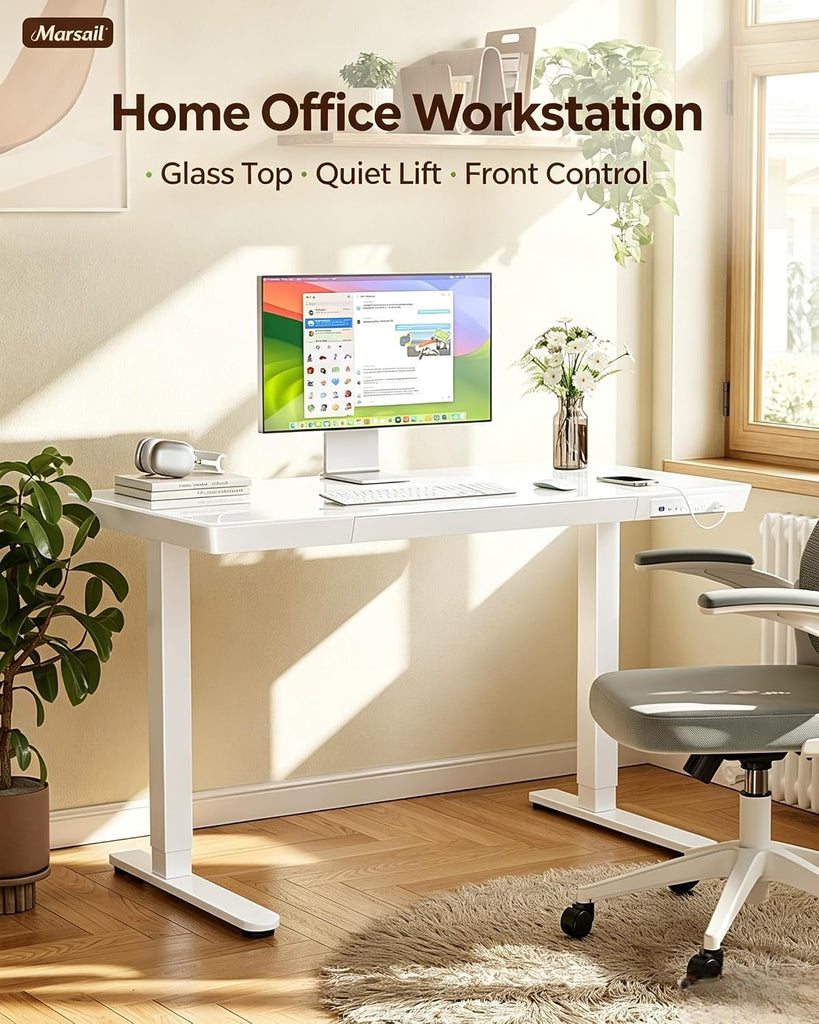 Glass Standing Desk with Drawer, 48 x 24 inch Electric Standing Desk, Height Adjustable Desk with One-Piece Tabletop
