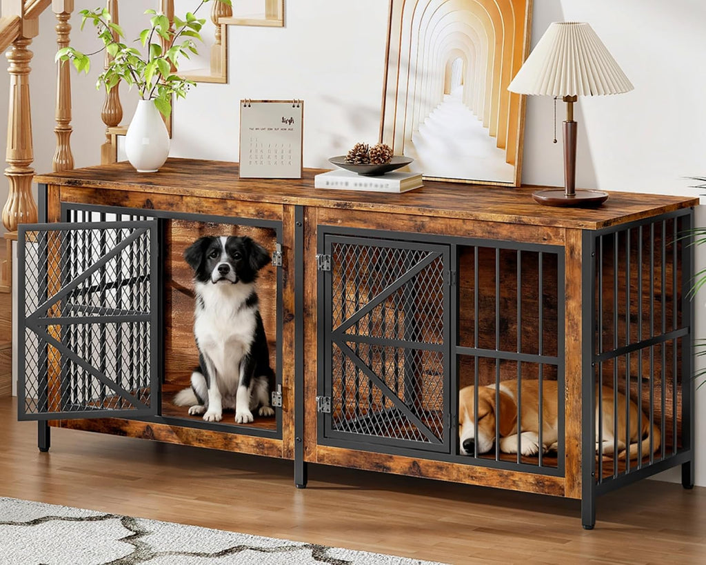 71" Double Dog Crate Furniture for 2 Dogs with Removable Divider