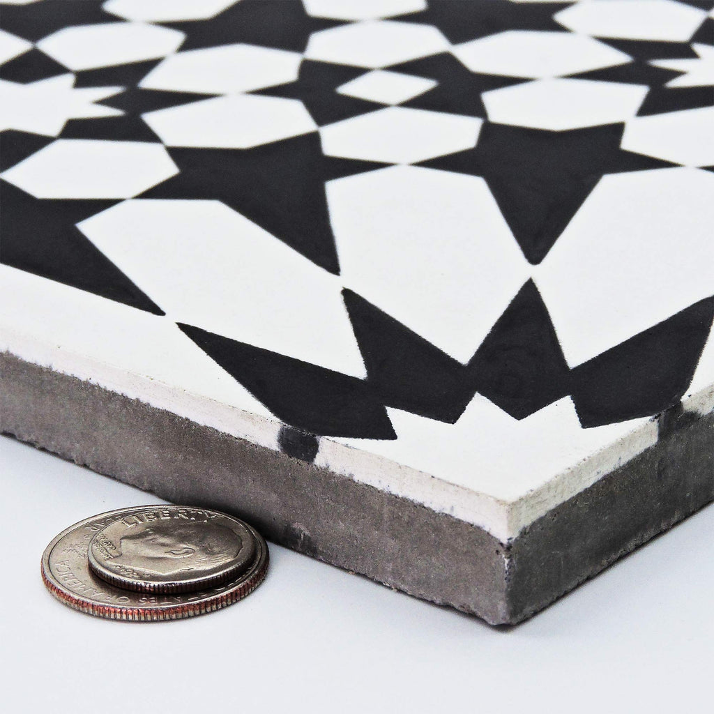 Agdal Handmade Cement Tile in Black and White, 8"x8, 5 Sq Ft