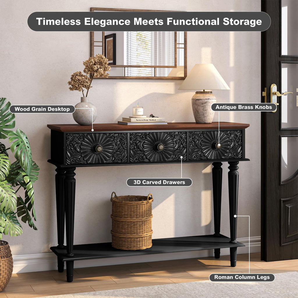 Vintage Console Table with 3 Embossed Floral Drawers