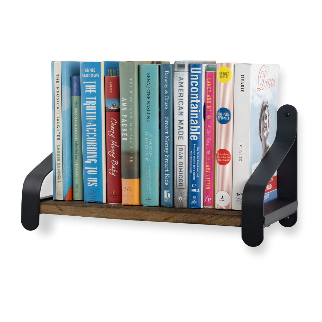 Rustico 16" Floating Wall Bookshelf with Cast Iron Brackets Wall Mounted Reclaimed Solid Wood Floating Industrial