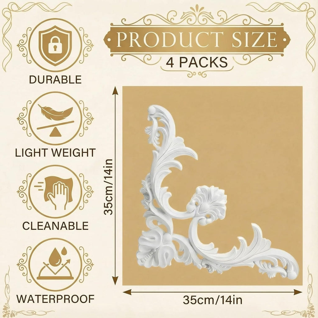 4-Pack PU Ceiling Molding Kit, 14x14 Inch French Style Corners, Decorative Wall Panels with Flowers Pattern for Accent