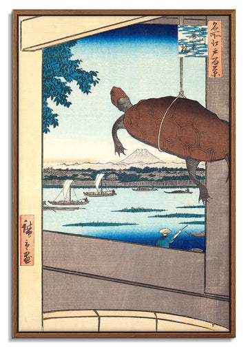 Floating Frame Canvas Print Wall Art - Japanese Ukiyo-e Painting - Mannen Bridge, Fukagawa with Hanging Turtle by