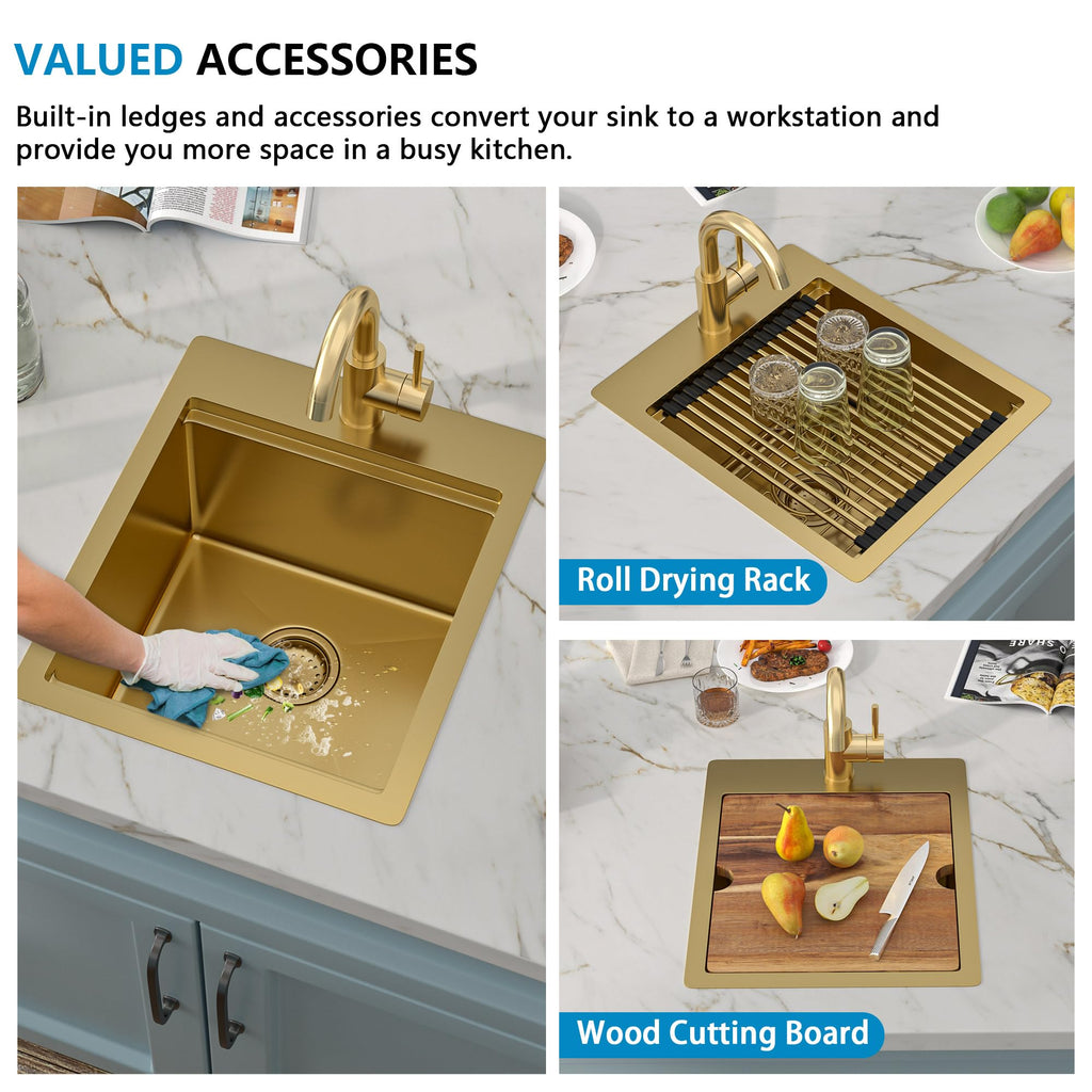 15"x18" Gold Bar Prep Sink Drop In Top Mount Workstation