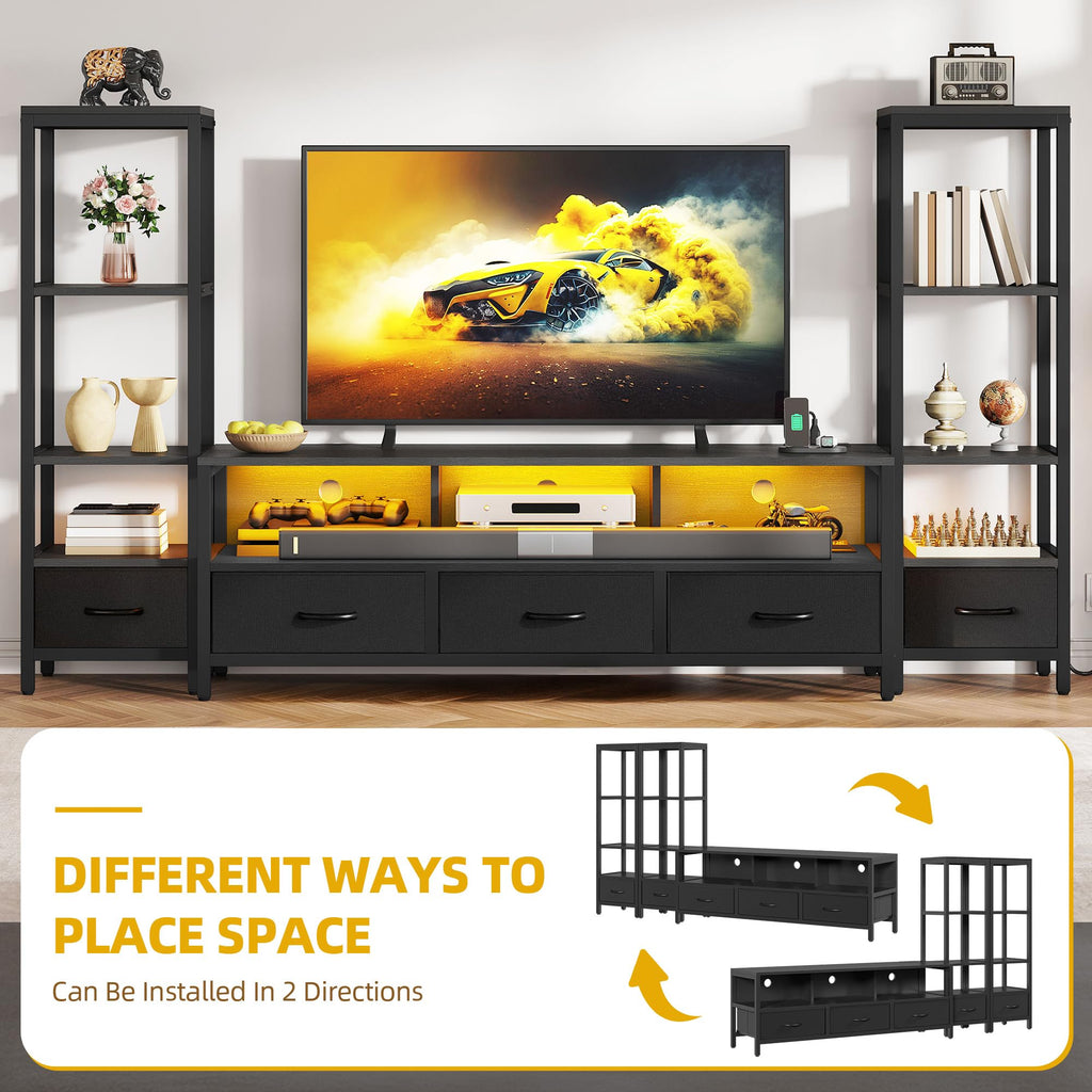 Industrial LED TV Stand for 65 Inch TVs, Bookshelves, Black