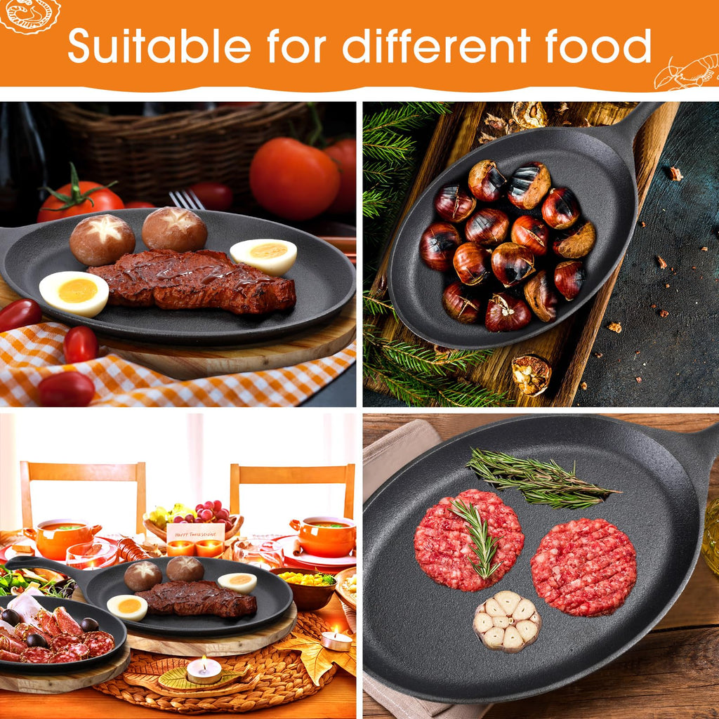 8 Sets Cast Iron Fajita Skillet, Wooden Tray, Protective Mitt