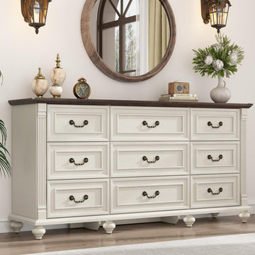 Farmhouse 9 Drawer with 6 Gourd Feet and Roman Column Decor, 63in Wide Wood Country Rustic Chest of Drawers, Storage