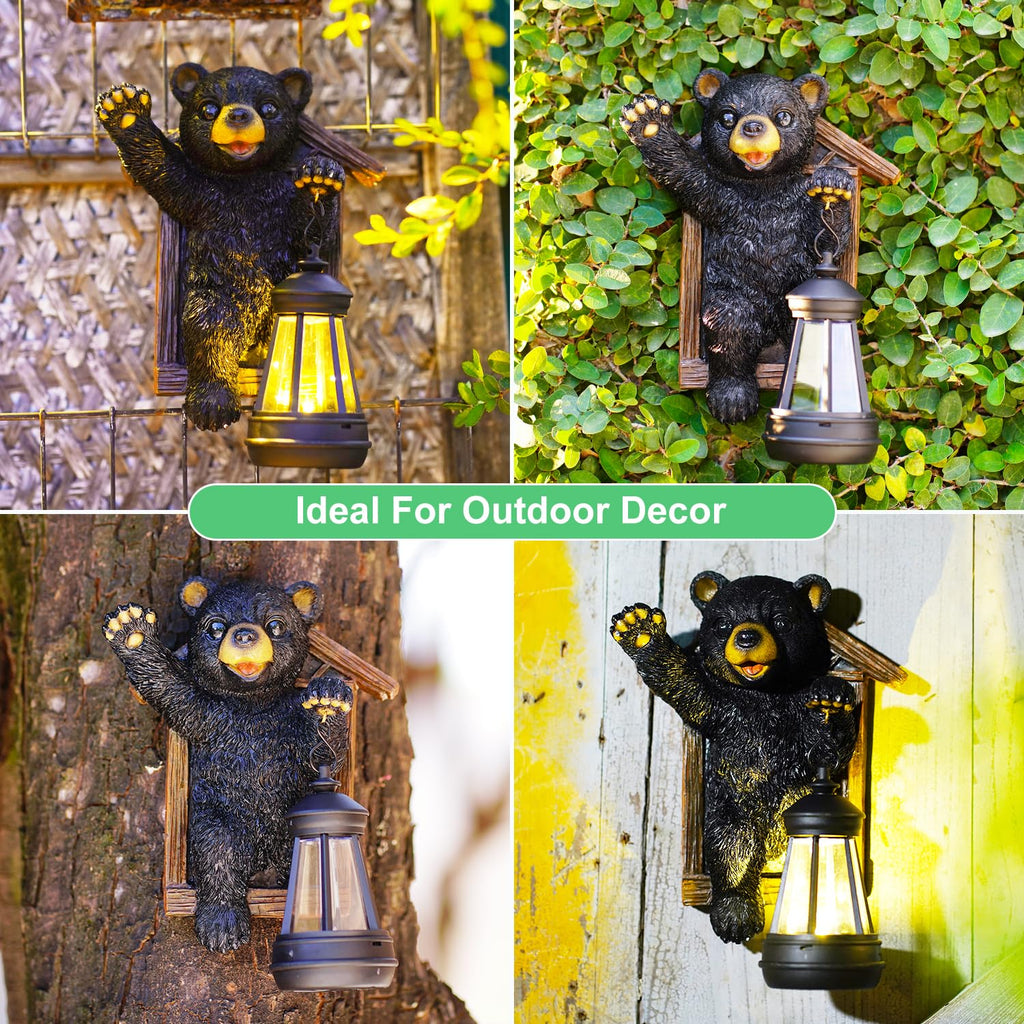 Black Bear Tree Hugger with Solar Lantern - Garden Statue for Yard