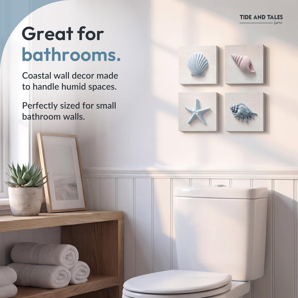 3D Seashell Wall Art, Coastal Bathroom Wall Decor, Set of 4