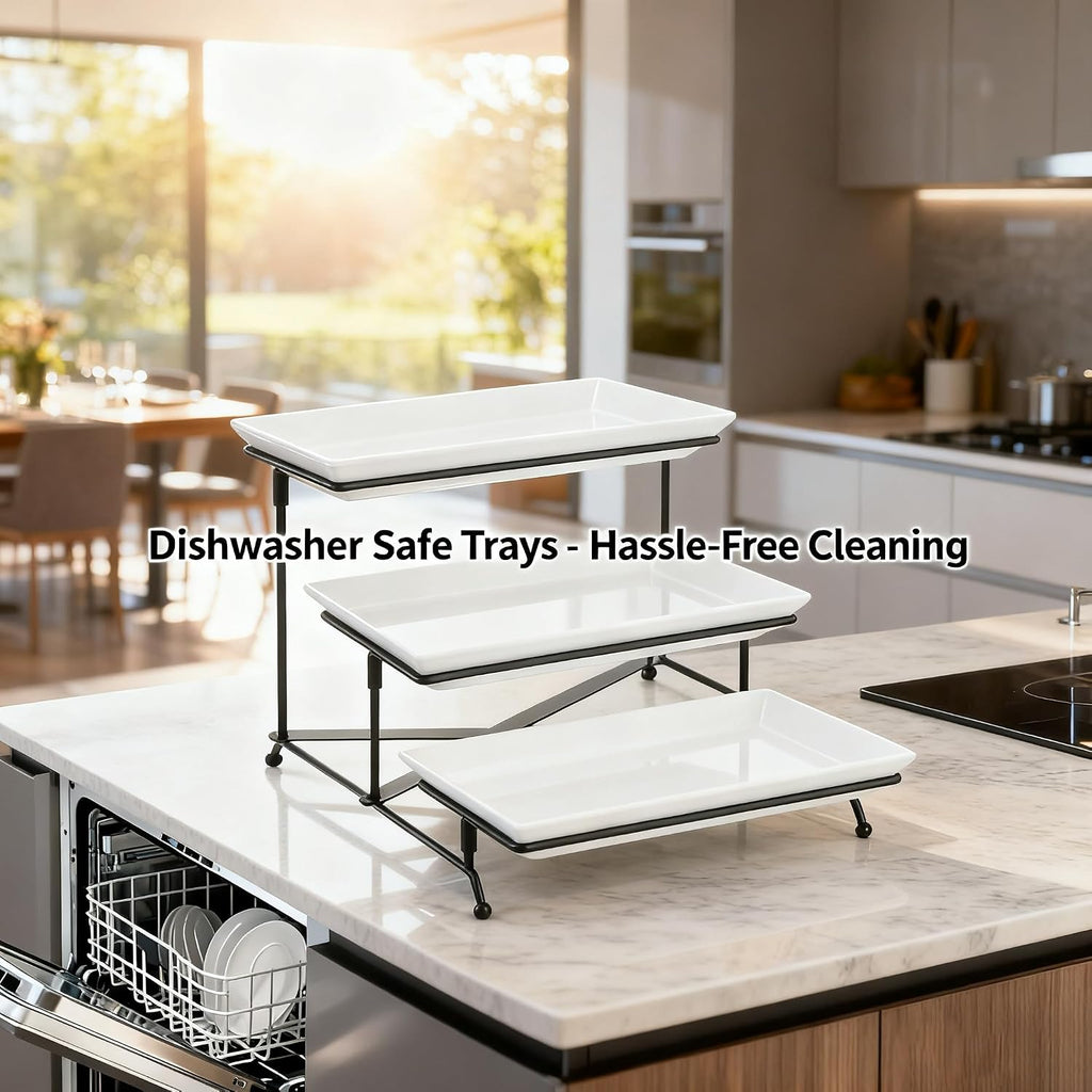 3 Tier Serving Tray, 12" White Plastic Tiered Food Serving Platters, Reusable Tray Stand Black Collapsible Metal