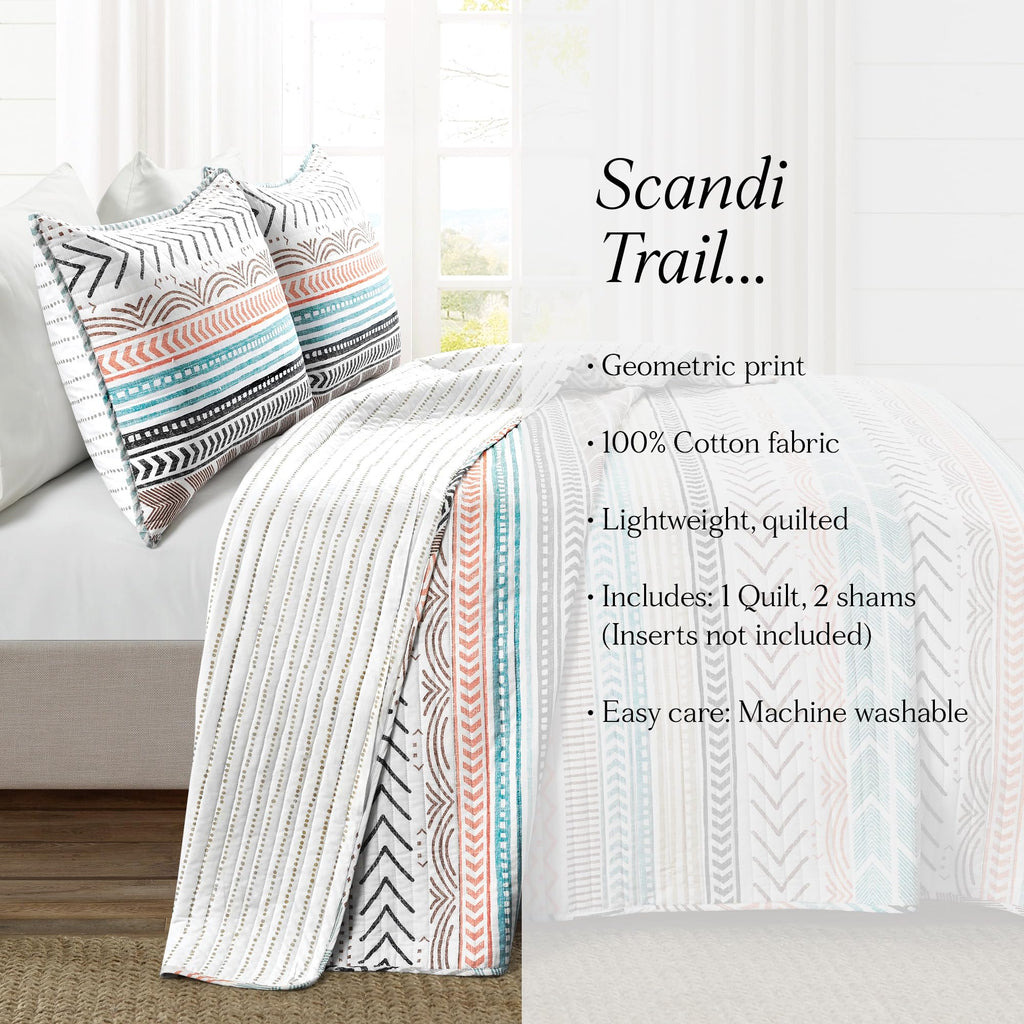 Hygge Geo Cotton Reversible Quilt, 3 Piece Set, Full/Queen, Neutral/Multi - Geometric Striped Bedding - Queen Size