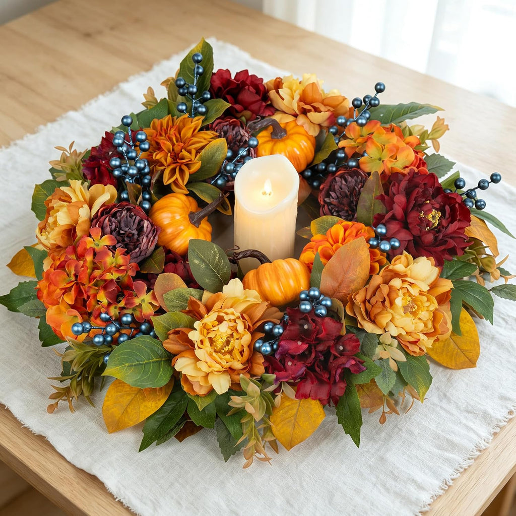24 Inch Artificial Fall Wreaths for Front Door with Hydrangea Peony Pumpkin