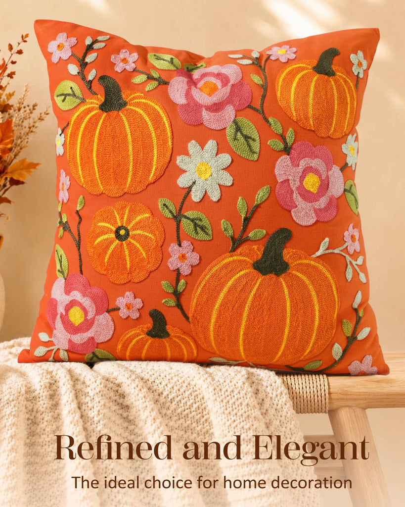Fall Embroidered Throw Pillow Cover 18x18 Inch, Pumpkin Floral