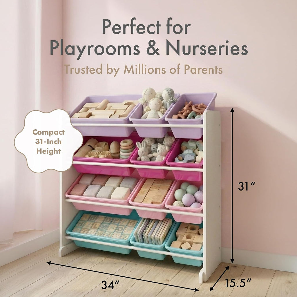 Kids Toy Organizer with 12 Bins, 4 Tier Storage | Sturdy wood and steel toddler shelf, removable BPA-free containers