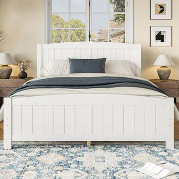 Queen Farmhouse Bed Frame with Headboard & Footboard, White Mid-Century Modern Platform Bed Queen, Vintage Solid Wood