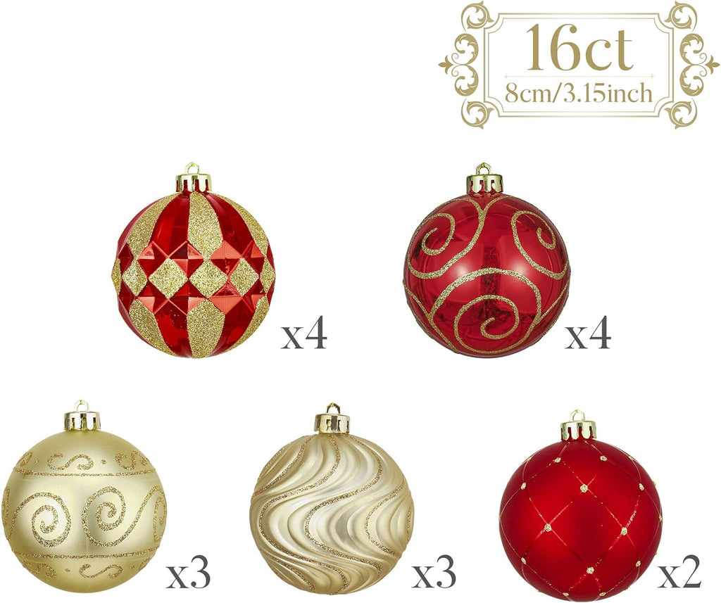 Christmas Tree Decorations Set, 16ct Red and Gold Shatterproof Christmas Ball Ornaments Bulk, 3.15 Inches Luxury