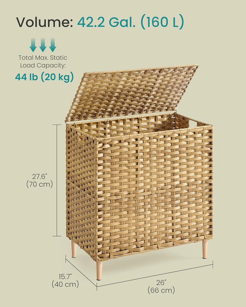 3-Section Laundry Hamper with Lid, 42.2 Gal (160L) PE Rattan Laundry Basket with Removable Washable Liners, Goose