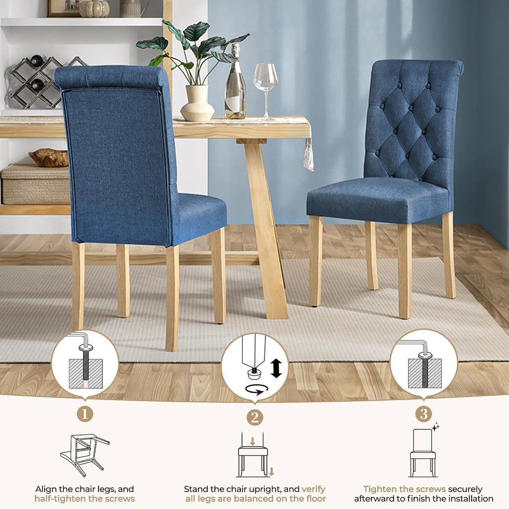 Dining Chairs Set of 2 Fabric Upholstered Dining Room Chairs with Button Tufted High Back and Solid Wood Legs for