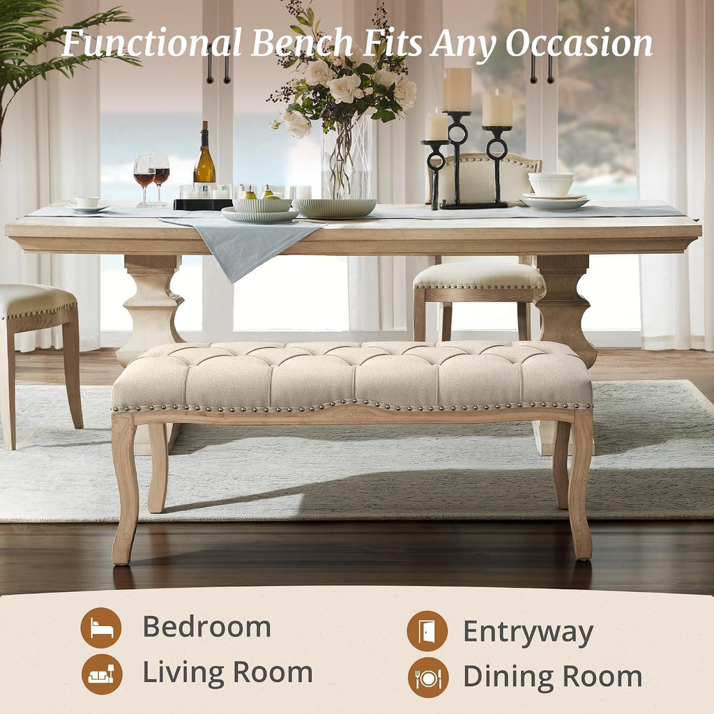 Bedroom Bench, French Vintage Tufted Entryway Bench, 45.2" Carving Upholstered End of Bed Bench with Distressed Wood