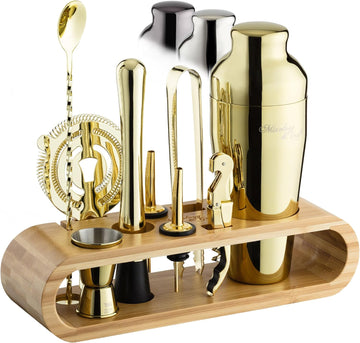 Cocktail Shaker Set with Bamboo Stand - Professional 10-Piece Bartender Kit, Complete Bar Set Use with Jigger