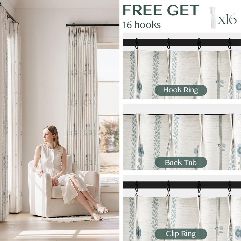 Pinch Pleated Curtains for Living Room Bedroom Dining Room - 84 Inches Light Filtering Floral Curtains Luxury Linen