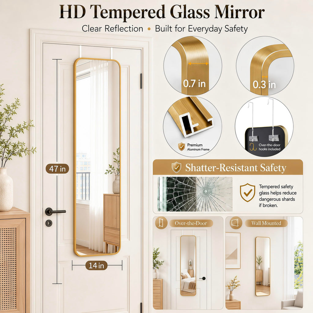 47x14 Full Length Mirror Over the Door Hang or Wall Mounted Gold