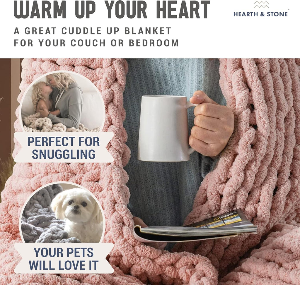 Chunky Knit Blanket Throw - 50"x60" 3.7 lbs.- Soft Chenille Yarn Knitted Blanket -Machine Washable Crochet Blanket