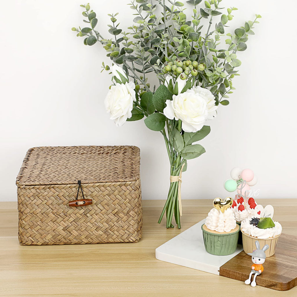 Small Wicker Shelf Baskets Handwoven Seagrass Storage Bin with Lid