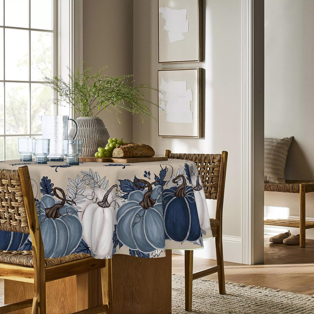 Fall Tablecloth 90 x 90 Inch Round Autumn Harvest Blue Pumpkin