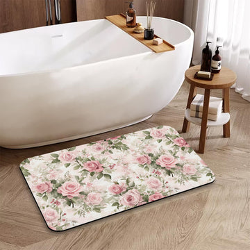 Shabby Chic Flower Bathroom Rug, Rapid Dry Absorbent with Non-Slip Rubber Base Bath Mats 17"x30"