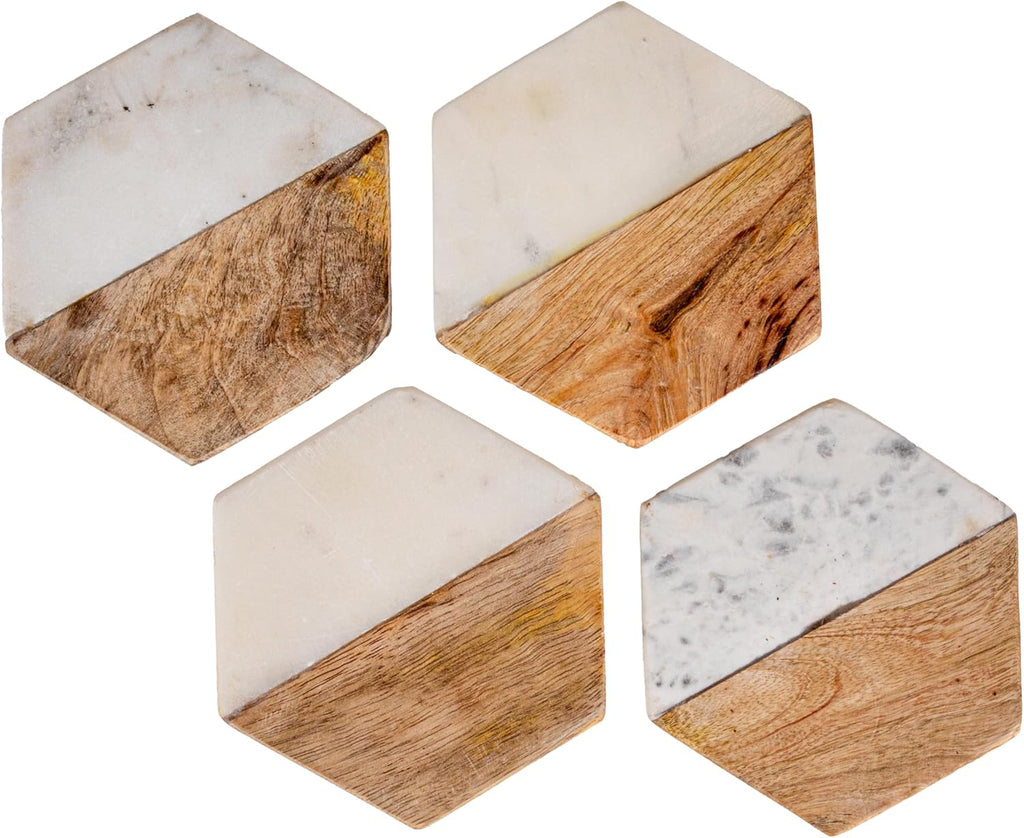 4-Piece Marble and Mango Wood Hexagon Coasters, White and Natural - Set of 4