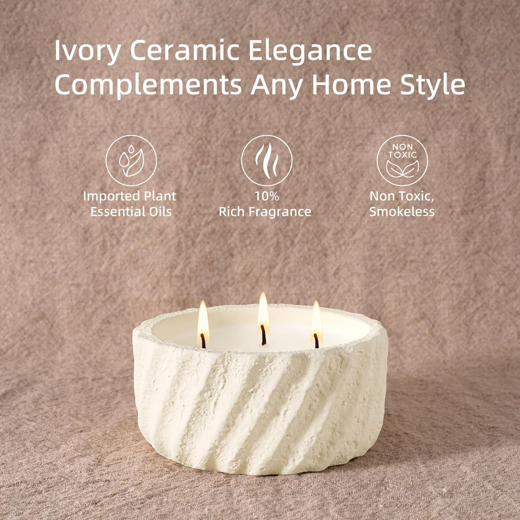 Large 20oz Fall Scented Candle - Creamy Vanilla, 3 Wick Non Toxic Soy Candles for Women, Matte Ivory White Ceramic
