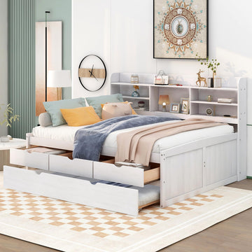 Full Size Daybed, Wooden Captain Bed with Built-in Bookshelves, Full Daybed with 3 Storage Drawers and Trundle, White