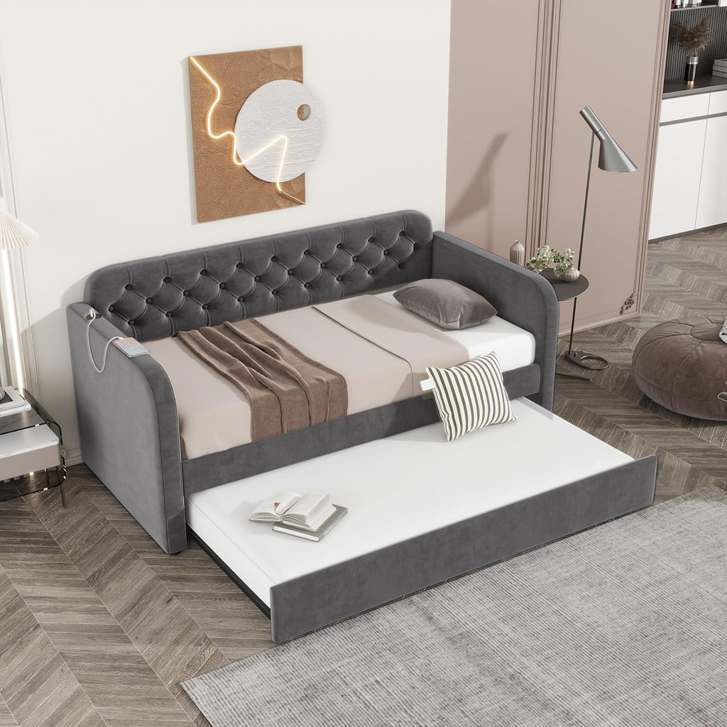 Twin Size Daybed W/Trundle,Velvet Day Bed with Pop Up Trundle Bed W/USB Charging Ports,Upholstered Sofa Bed W/Back,No