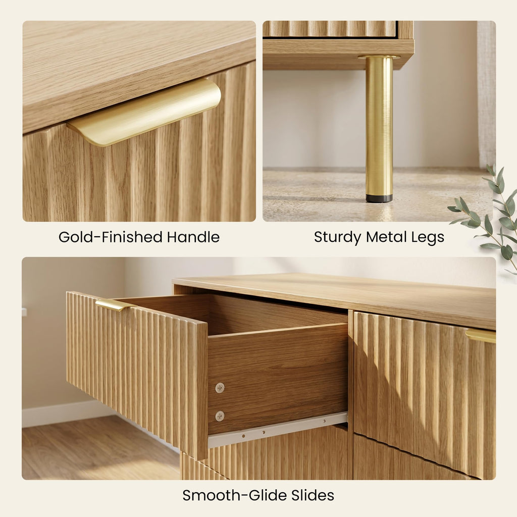 Natural Oak 3-Piece Fluted Dresser and Nightstand Set