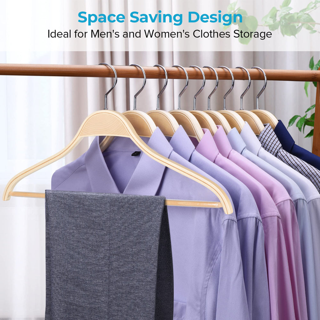 Wooden Coat Hangers, 30 Pack Light Weight Wood Coat/Suit Hangers with Non-Slip Pant Bar, Natural Finish